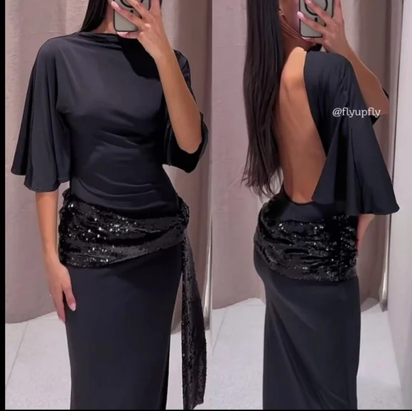 ZARA VIRAL SEQUIN CUMMERBUND MIDI DRESS BLACK